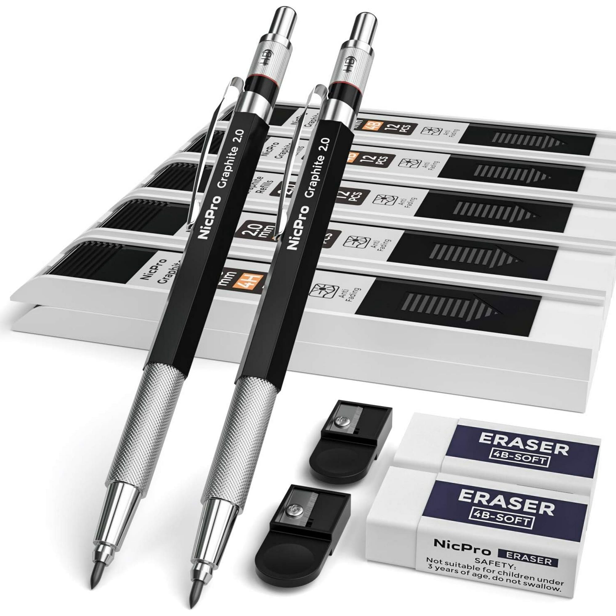 Nicpro 2mm Metal Mechanical Pencil Set, 2Pcs Lead Holder 2.0 mm Marker Artist Carpenter Pencils with 120 Graphite Lead Refill (HB 2H 4H 2B 4B & Color), 2 Eraser