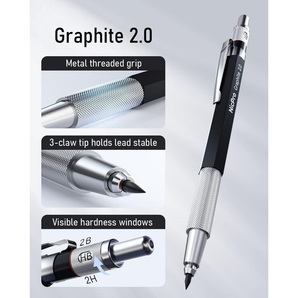 Nicpro 2mm Metal Mechanical Pencil Set, 2Pcs Lead Holder 2.0 mm Marker Artist Carpenter Pencils with 120 Graphite Lead Refill (HB 2H 4H 2B 4B & Color), 2 Eraser