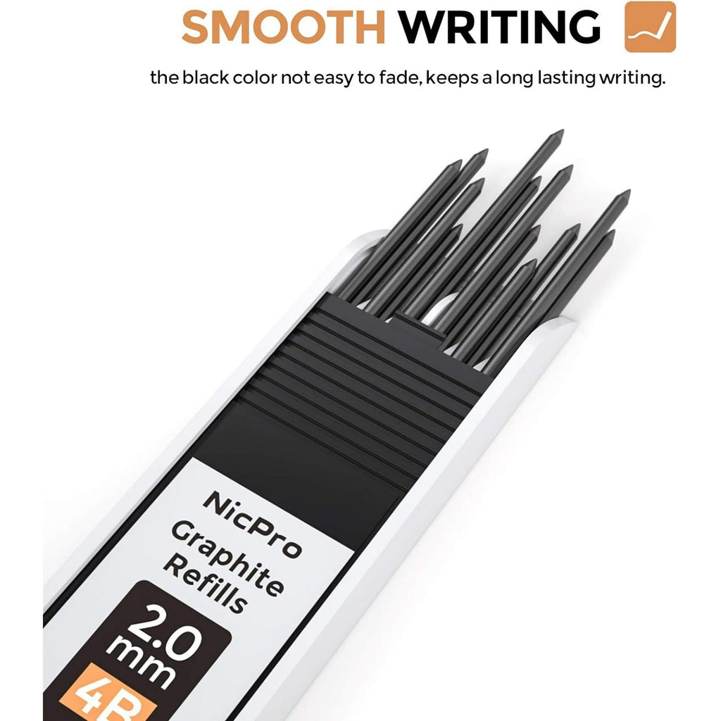 Nicpro 2mm Metal Mechanical Pencil Set, 2Pcs Lead Holder 2.0 mm Marker Artist Carpenter Pencils with 120 Graphite Lead Refill (HB 2H 4H 2B 4B & Color), 2 Eraser