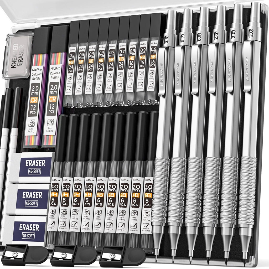 Nicpro 6 Pcs Metal Mechanical Pencils Set, Art Drafting Pencil 0.5, 0.7, 0.9 mm & 3Pcs 2mm Graphite Lead Refills, Eraser, Sharpener, Come with Case
