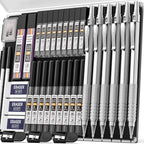 Nicpro 6 Pcs Metal Mechanical Pencils Set, Art Drafting Pencil 0.5, 0.7, 0.9 mm & 3Pcs 2mm Graphite Lead Refills, Eraser, Sharpener, Come with Case
