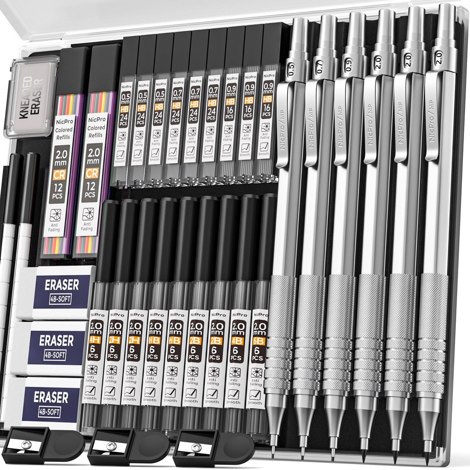 Nicpro 6 Pcs Metal Mechanical Pencils Set, Art Drafting Pencil 0.5, 0.7, 0.9 mm & 3Pcs 2mm Graphite Lead Refills, Eraser, Sharpener, Come with Case