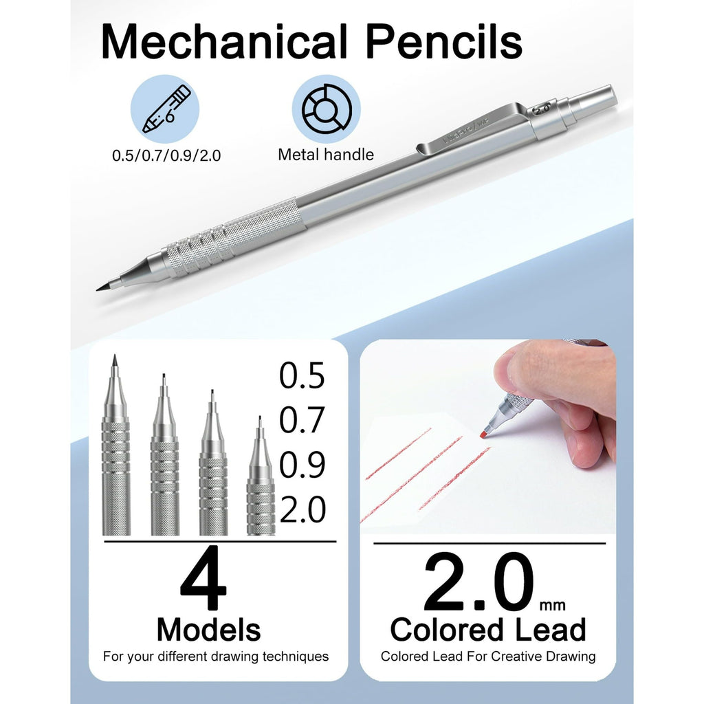 Nicpro 6 Pcs Metal Mechanical Pencils Set, Art Drafting Pencil 0.5, 0.7, 0.9 mm & 3Pcs 2mm Graphite Lead Refills, Eraser, Sharpener, Come with Case