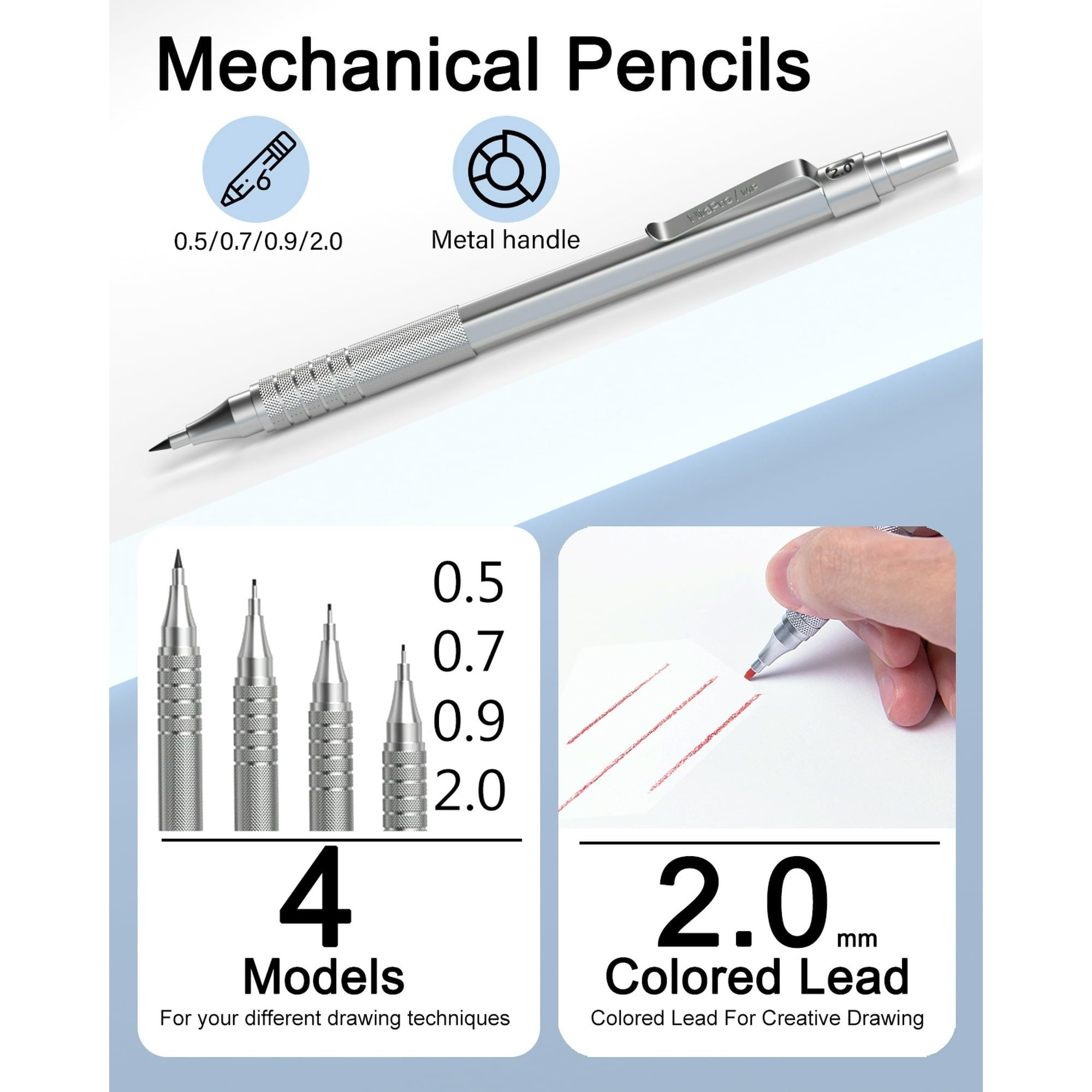 Nicpro 6 Pcs Metal Mechanical Pencils Set, Art Drafting Pencil 0.5, 0.7, 0.9 mm & 3Pcs 2mm Graphite Lead Refills, Eraser, Sharpener, Come with Case
