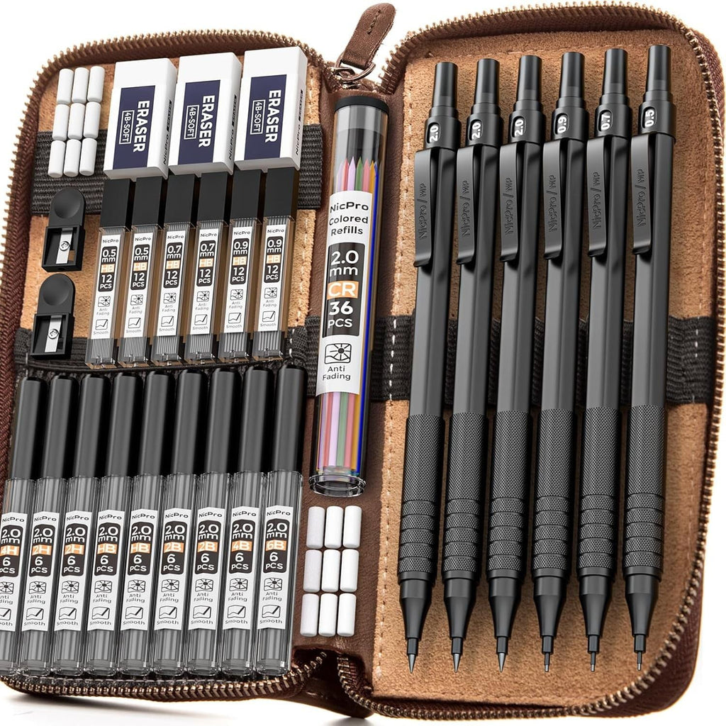 Nicpro 5 Pcs Black Metal Mechanical Pencils Set in Leather Case, Art Drafting Pencil 0.5, 0.7, 0.9 mm, 2mm Lead Pencil Holders for Sketching Drawing with 16 Tube (6B 4B 2B HB 2H 4H Colors)Lead Refills