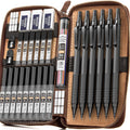 Nicpro 5 Pcs Black Metal Mechanical Pencils Set in Leather Case, Art Drafting Pencil 0.5, 0.7, 0.9 mm, 2mm Lead Pencil Holders for Sketching Drawing with 16 Tube (6B 4B 2B HB 2H 4H Colors)Lead Refills