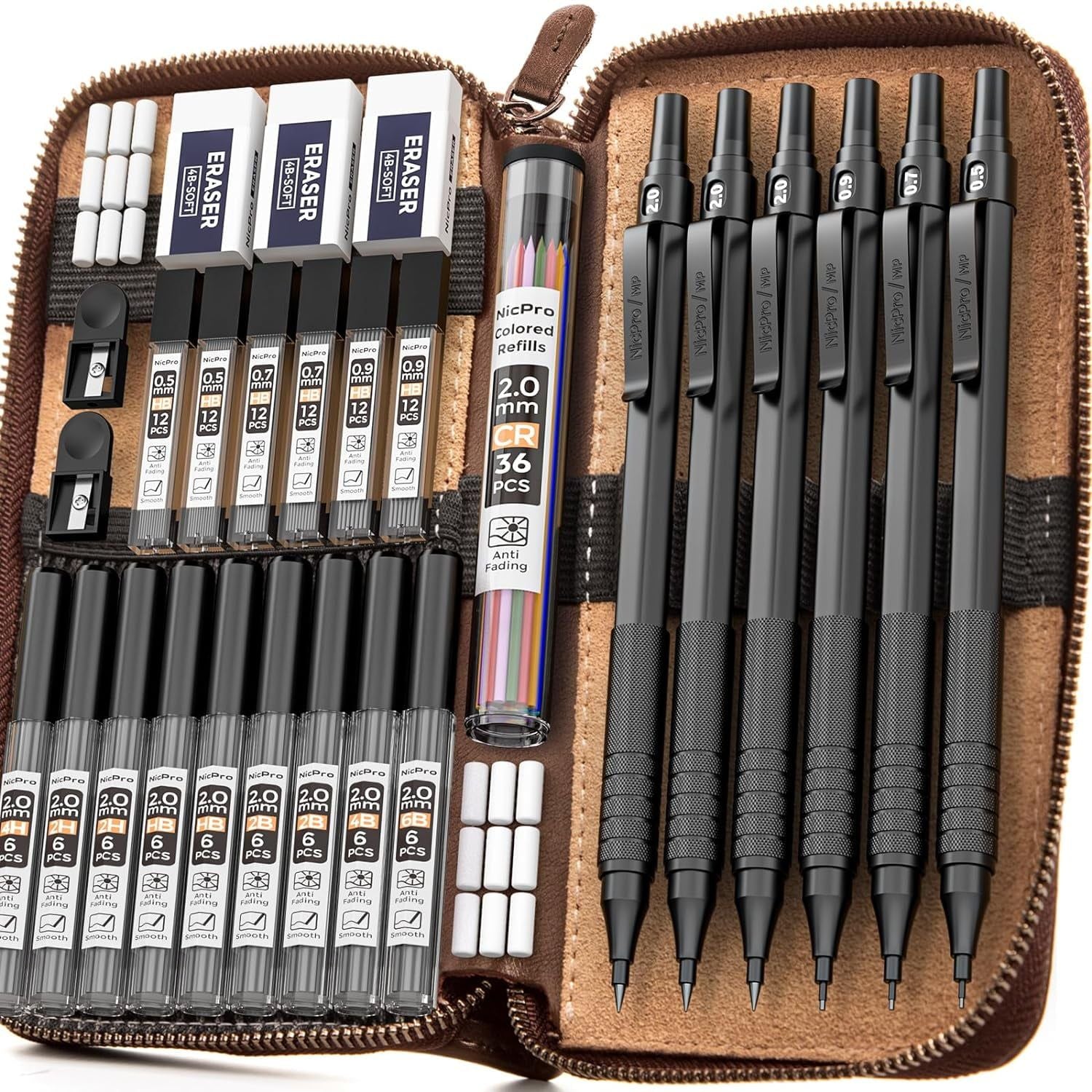 Nicpro 5 Pcs Black Metal Mechanical Pencils Set in Leather Case, Art Drafting Pencil 0.5, 0.7, 0.9 mm, 2mm Lead Pencil Holders for Sketching Drawing with 16 Tube (6B 4B 2B HB 2H 4H Colors)Lead Refills