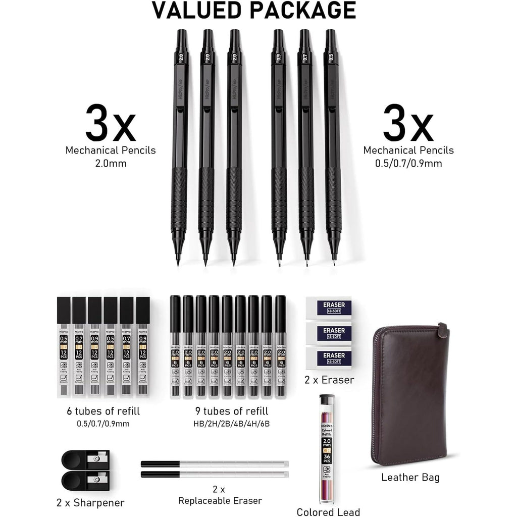 Nicpro 5 Pcs Black Metal Mechanical Pencils Set in Leather Case, Art Drafting Pencil 0.5, 0.7, 0.9 mm, 2mm Lead Pencil Holders for Sketching Drawing with 16 Tube (6B 4B 2B HB 2H 4H Colors)Lead Refills
