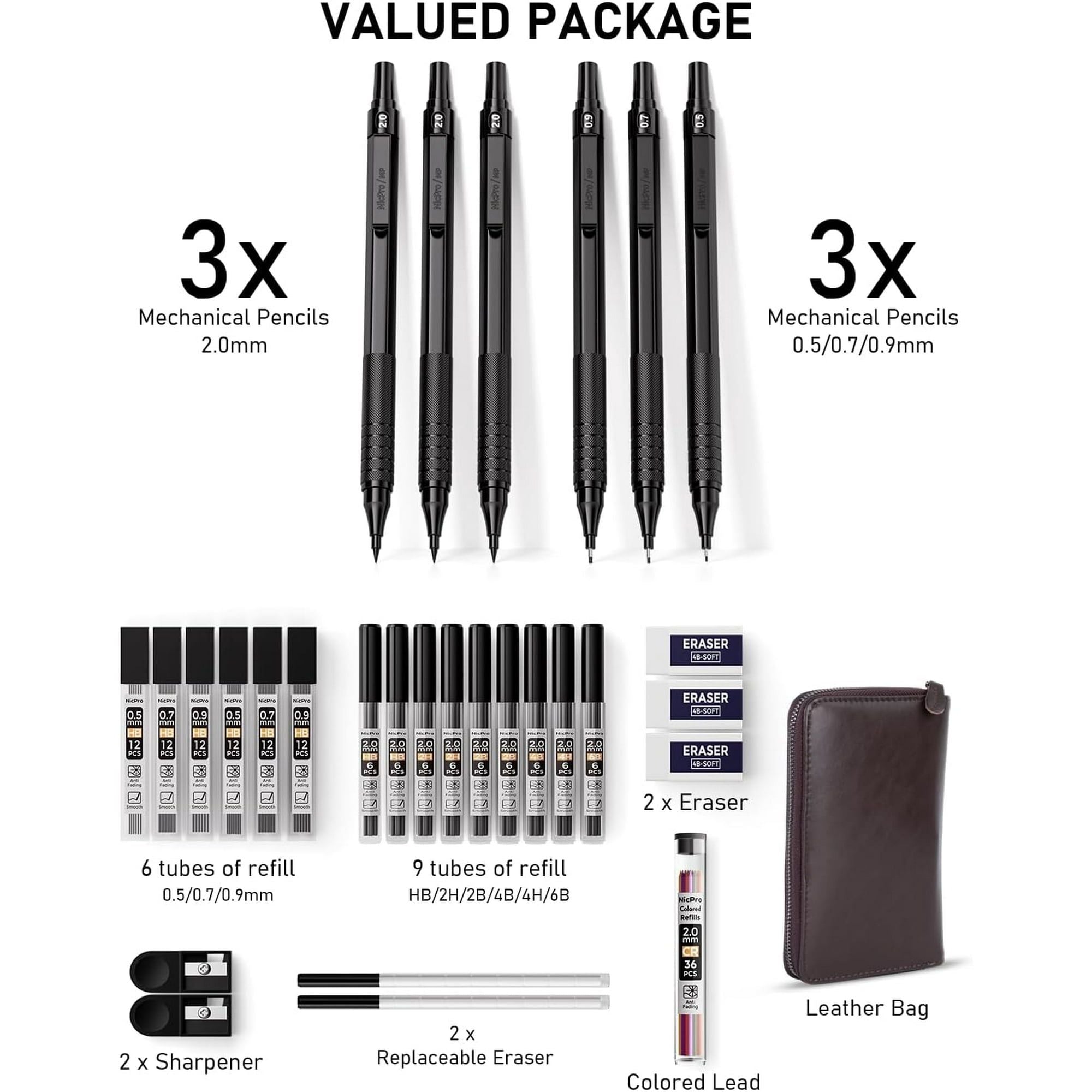 Nicpro 5 Pcs Black Metal Mechanical Pencils Set in Leather Case, Art Drafting Pencil 0.5, 0.7, 0.9 mm, 2mm Lead Pencil Holders for Sketching Drawing with 16 Tube (6B 4B 2B HB 2H 4H Colors)Lead Refills