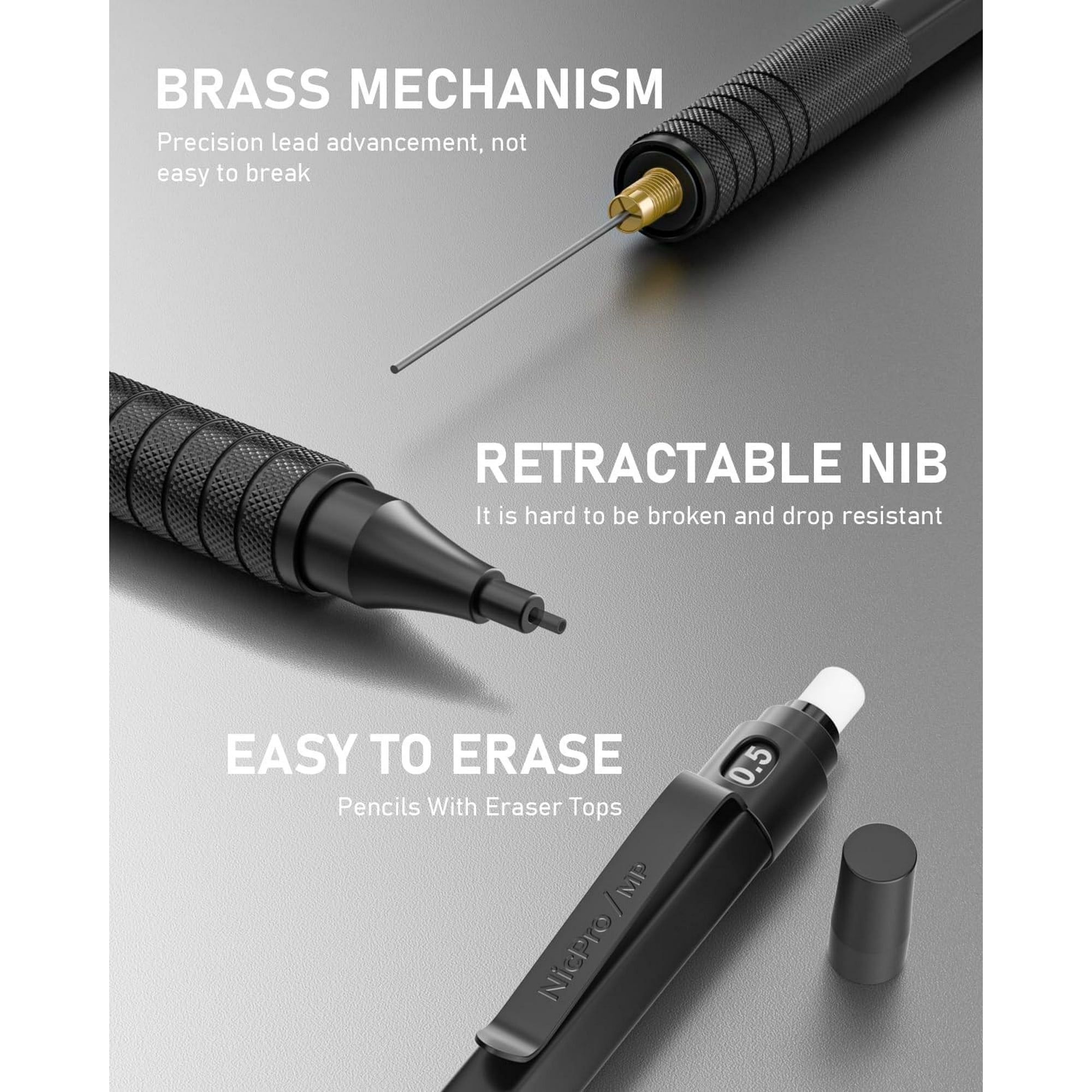 Nicpro 5 Pcs Black Metal Mechanical Pencils Set in Leather Case, Art Drafting Pencil 0.5, 0.7, 0.9 mm, 2mm Lead Pencil Holders for Sketching Drawing with 16 Tube (6B 4B 2B HB 2H 4H Colors)Lead Refills
