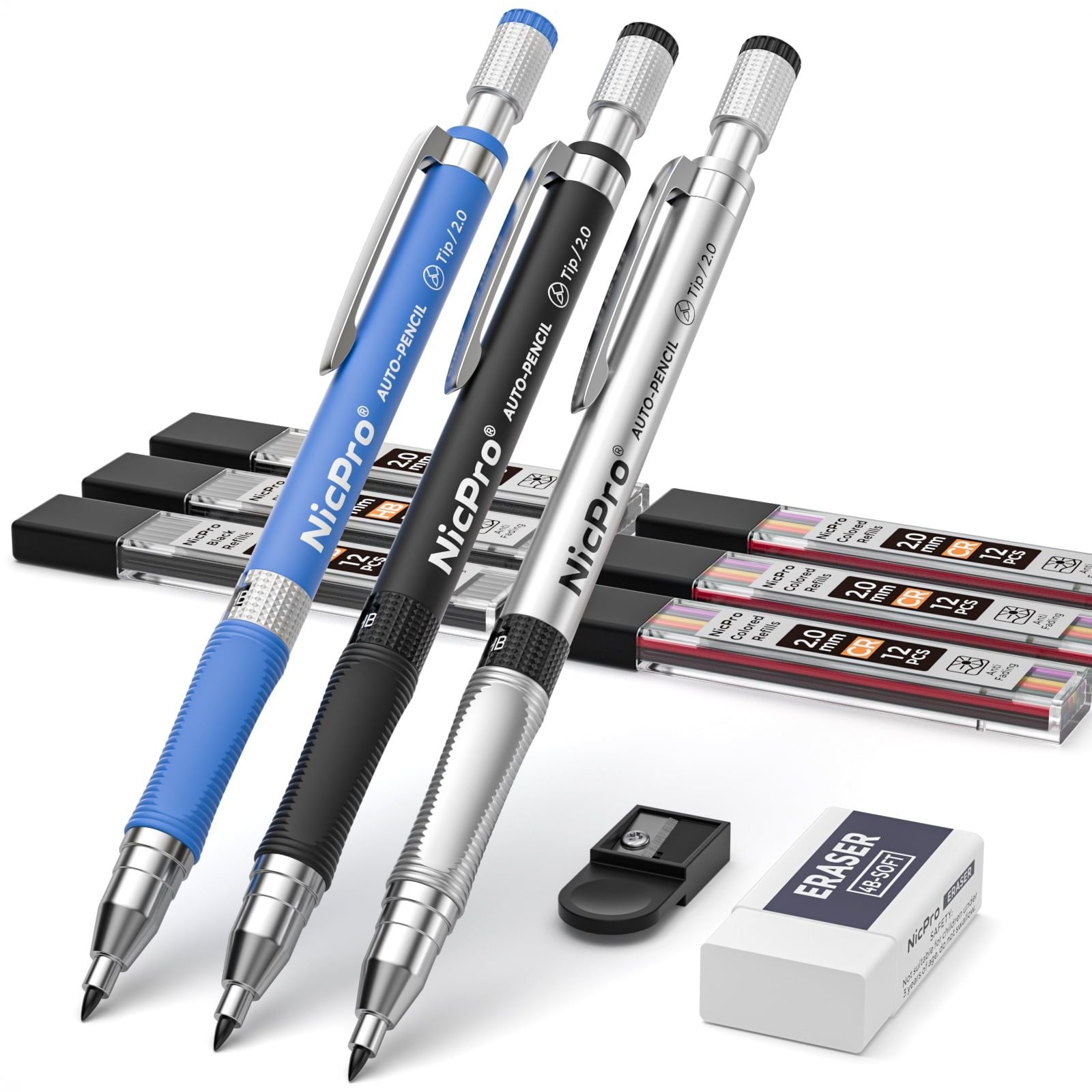 Nicpro 3 Pcs 2.0 mm Colors Mechanical Pencil Set, 3 Pcs Carpenter Drafting Pencil 2.0 mm for Art Drawing Writing Sketching Construction with 6 Tube Pre-Sharpen 2B & Color Refill, Eraser, Sharpener