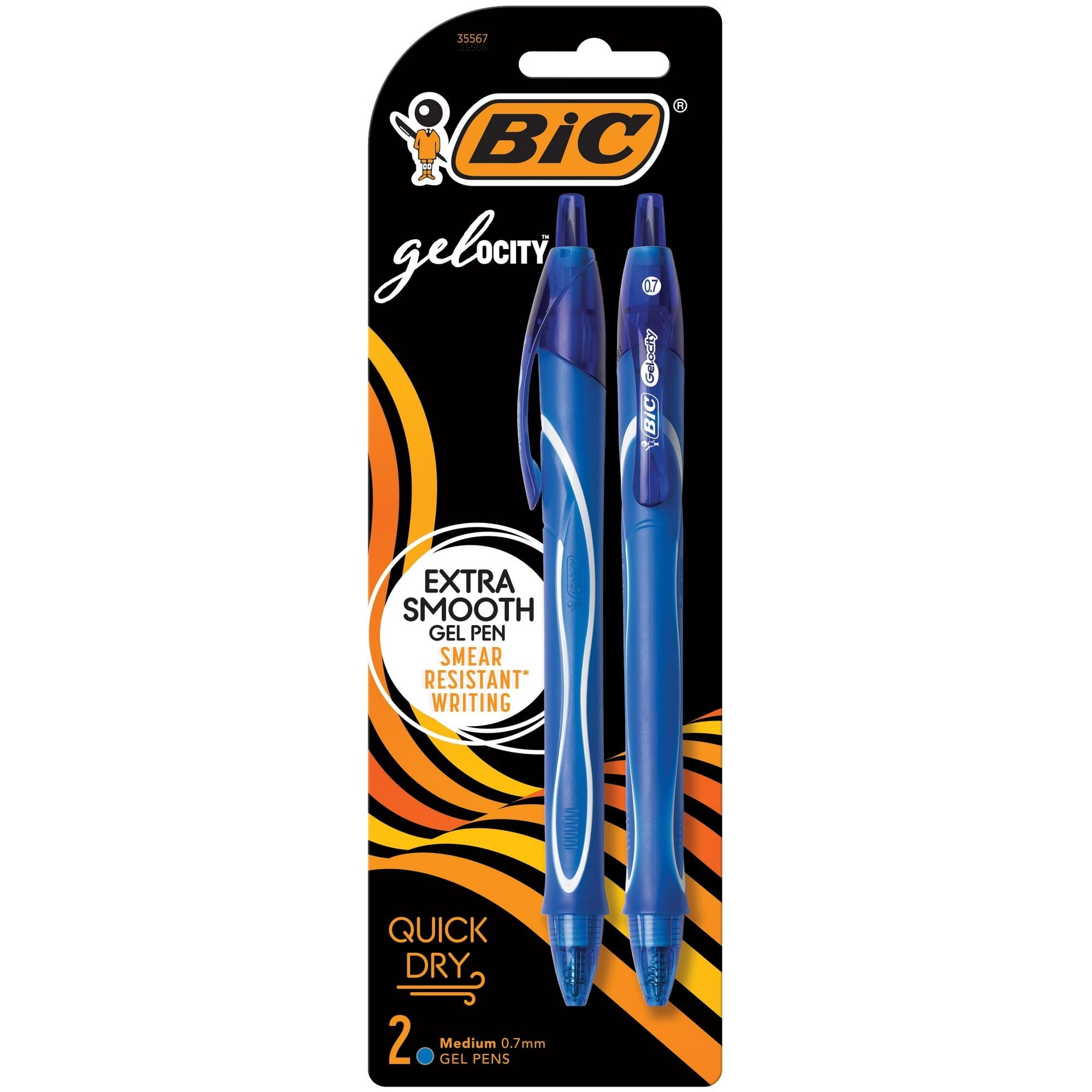 BIC Gelocity Quick Dry Blue Gel Pens, Medium Point (0.7mm), 2-Count Pack