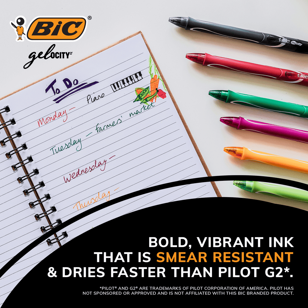 BIC Gelocity Quick Dry Assorted Colors Gel Pens, Medium Point (0.7mm), 12-Count Pack