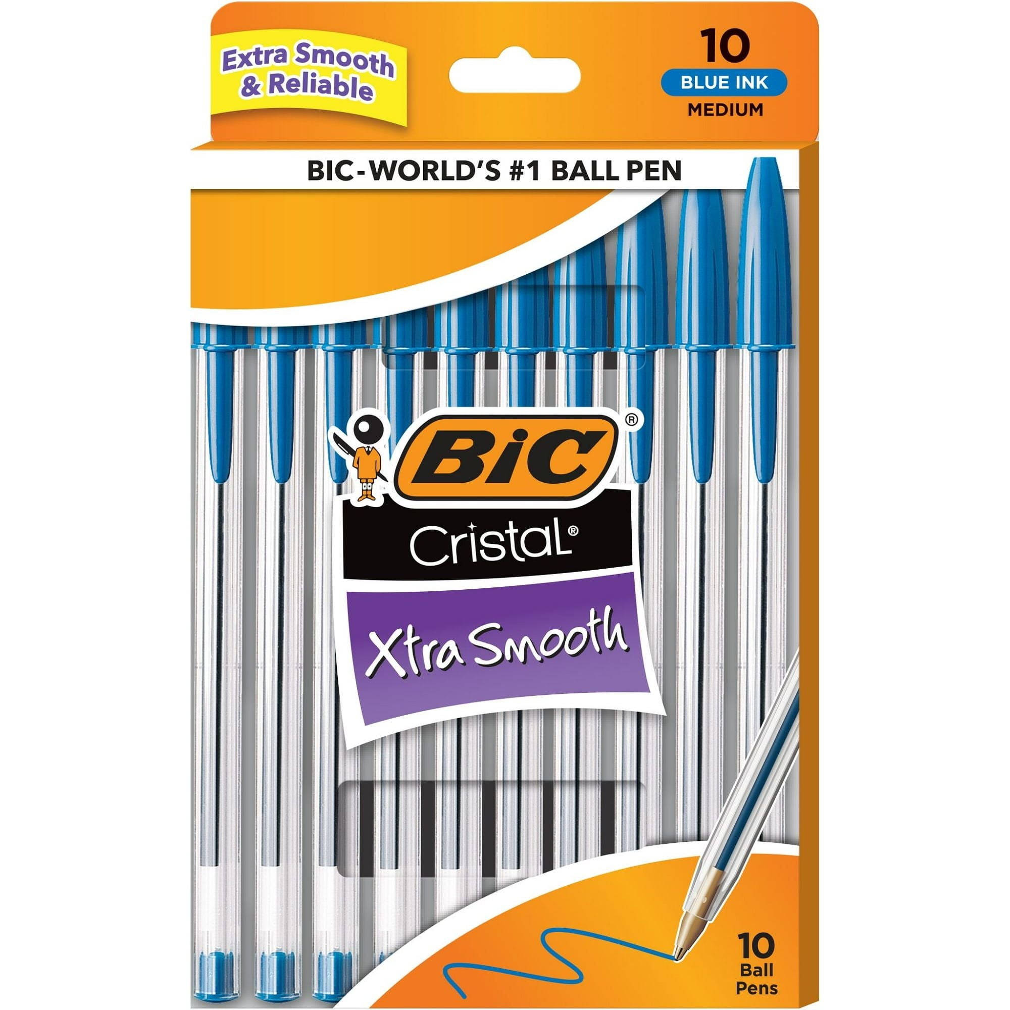 BIC Cristal Xtra Smooth Ballpoint Stick Pens, 1.0 mm, Blue Ink, Pack of 10
