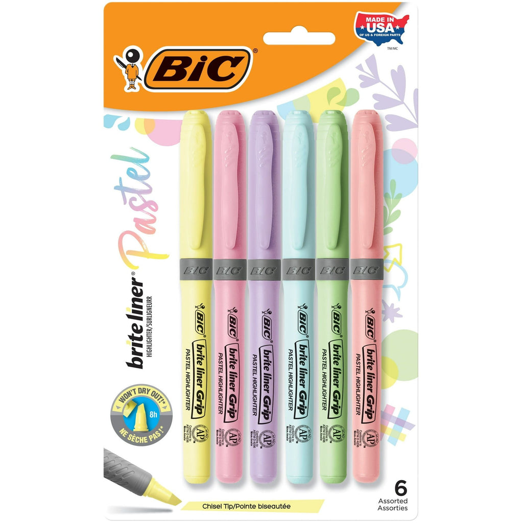 BIC Brite Liner Grip Pastel Highlighters, Assorted Pastel Colors, Rubber Grip, 6 Count
