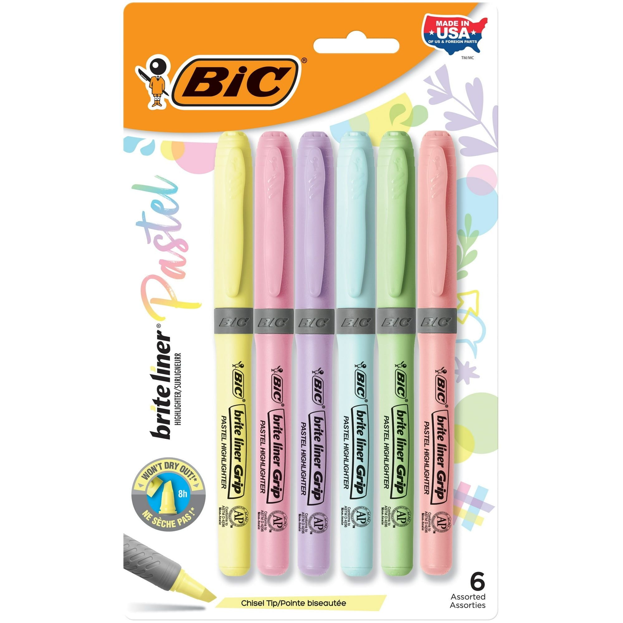 BIC Brite Liner Grip Pastel Highlighters, Assorted Pastel Colors, Rubber Grip, 6 Count