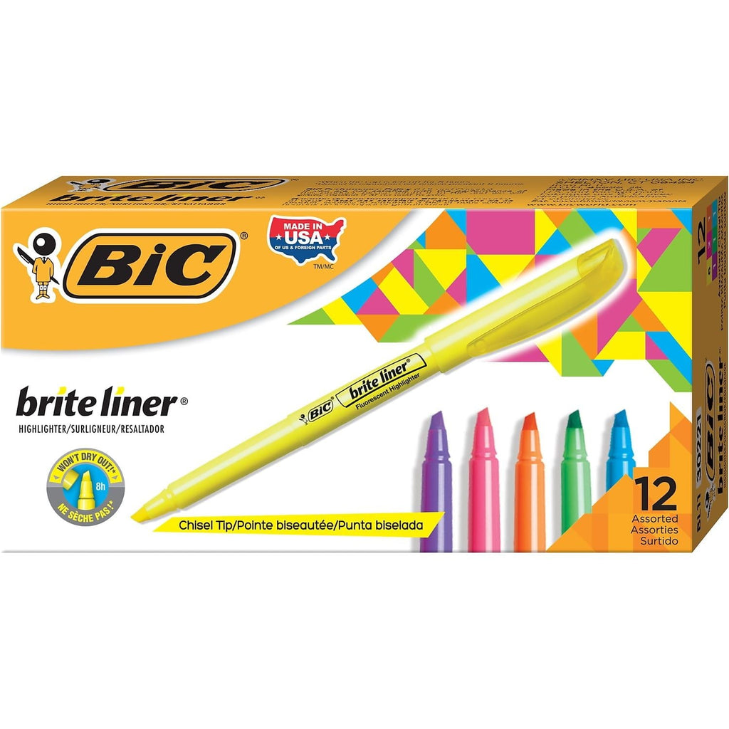 BIC Brite Liner Highlighters, Assorted Colors, 12 Pack