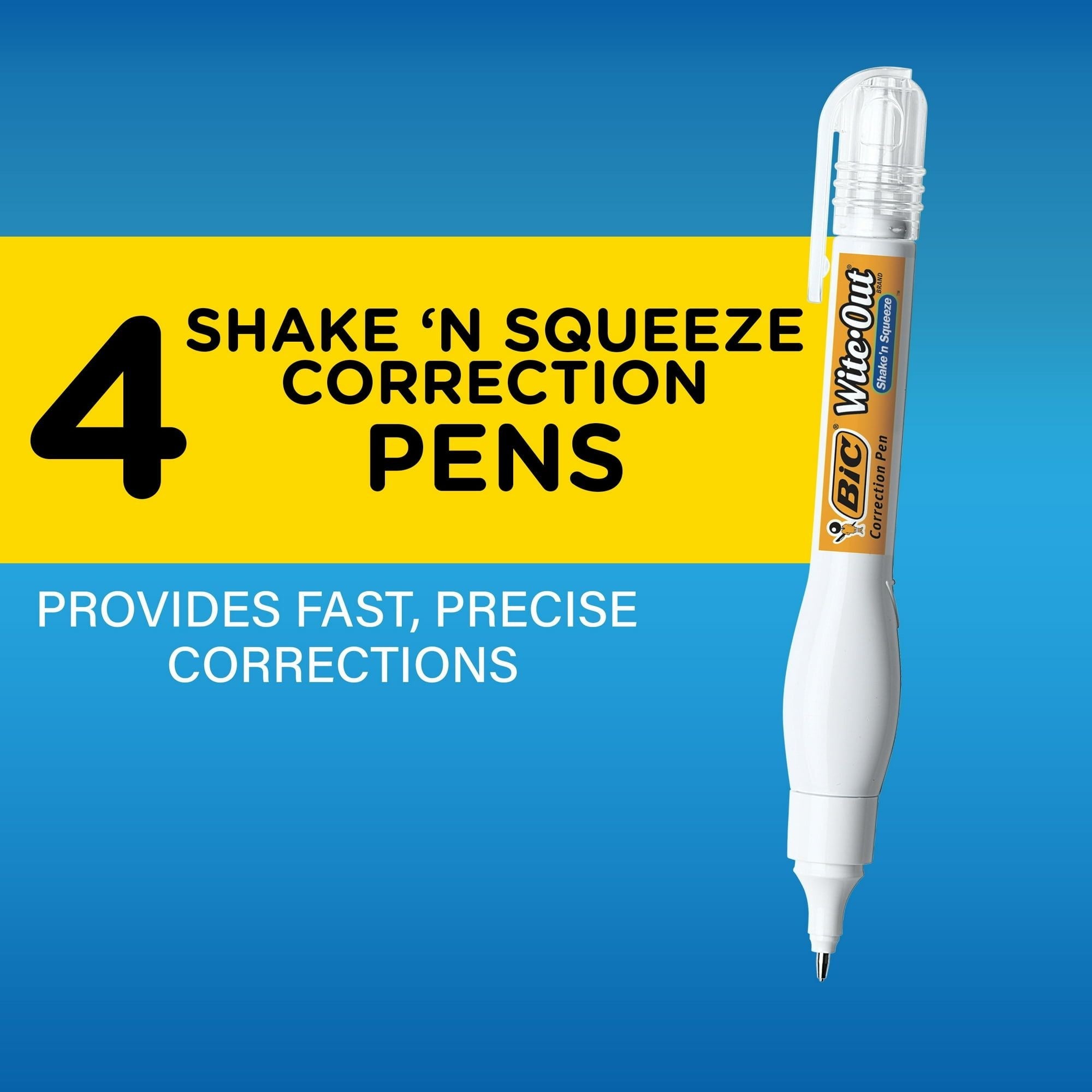 BIC Wite-Out Brand Shake 'N Squeeze Correction Pen, 0.3 ounces, White, Pack of 4