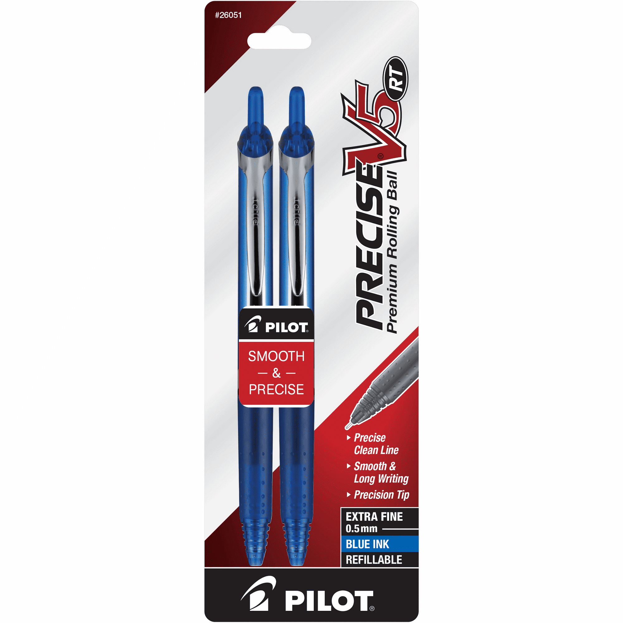 Pilot Precise V5 RT Pens, Extra Fine Pt, Rolling Ball, Blue, 2 CT