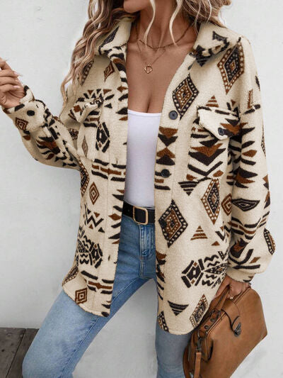 Girls Modern Geometric Button Up Dropped Shoulder Jacket Unique Retro Minimalist Outerwear Stevvex