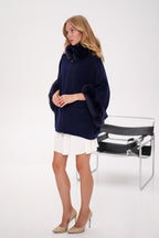 Genuine Polar Fox Fur Cashmere Blend Poncho in True Navy - SJB-DIAMOND ELITES