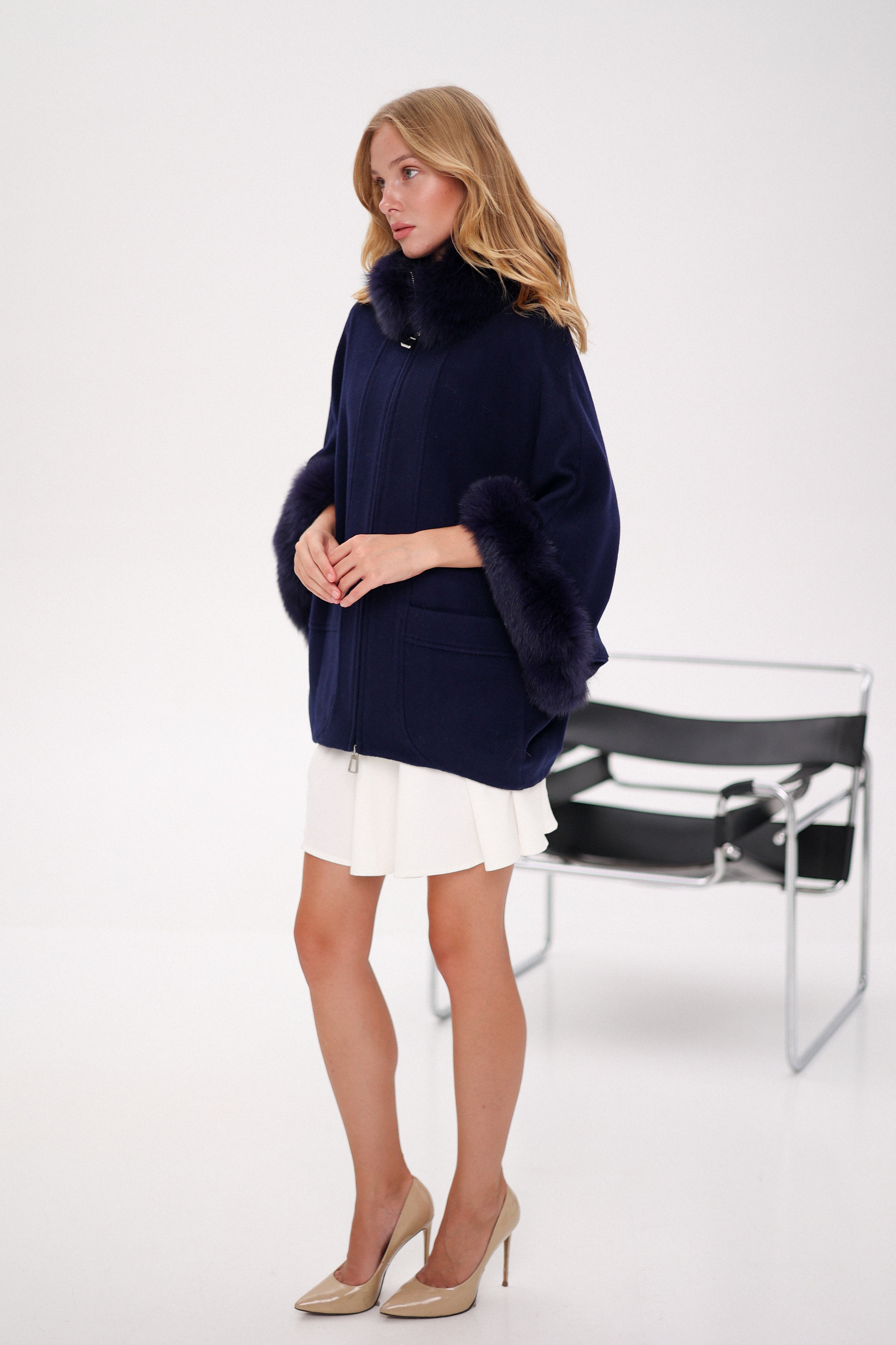 Genuine Polar Fox Fur Cashmere Blend Poncho in True Navy - SJB-DIAMOND ELITES
