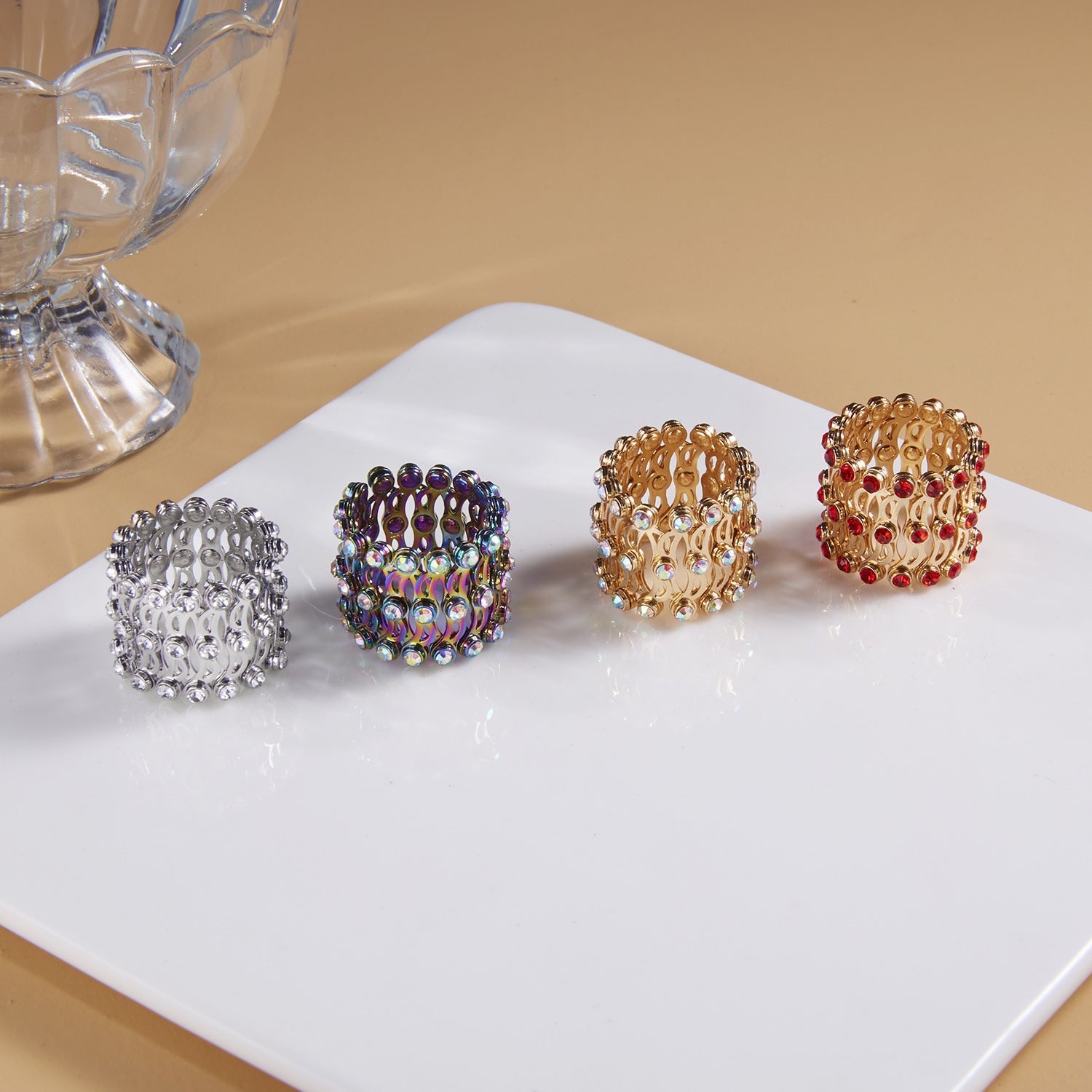 2 In 1 Folding Retractable Rings Bracelet Magic Rhinestone Rings Deformable Bracelet Women Ins Style Adjustable Fashion Jewelry Pi-Mart