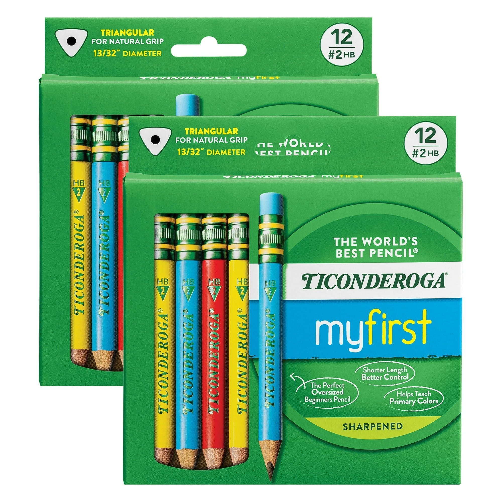 Ticonderoga My First Short Wooden Pencils, Large Triangle Barrel, Sharpened, #2 HB Soft, With Eraser, Primary Colors, 12 Per Pack, 2 Packs - SJB-DIAMOND ELITES