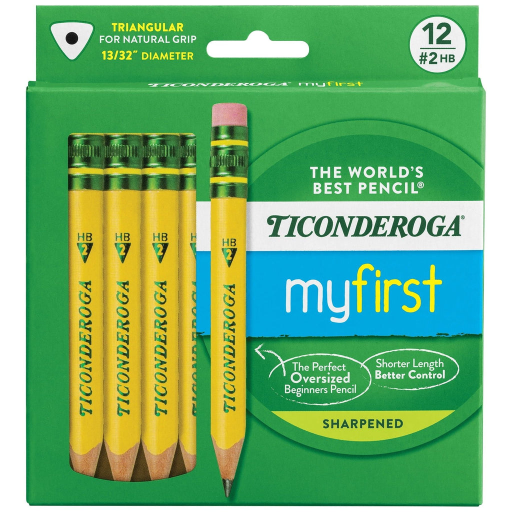 Ticonderoga My First Short Wooden Pencils, Large Triangle Barrel, Sharpened, #2 HB Soft, With Eraser, Yellow, 12 Per Pack, 2 Packs - SJB-DIAMOND ELITES