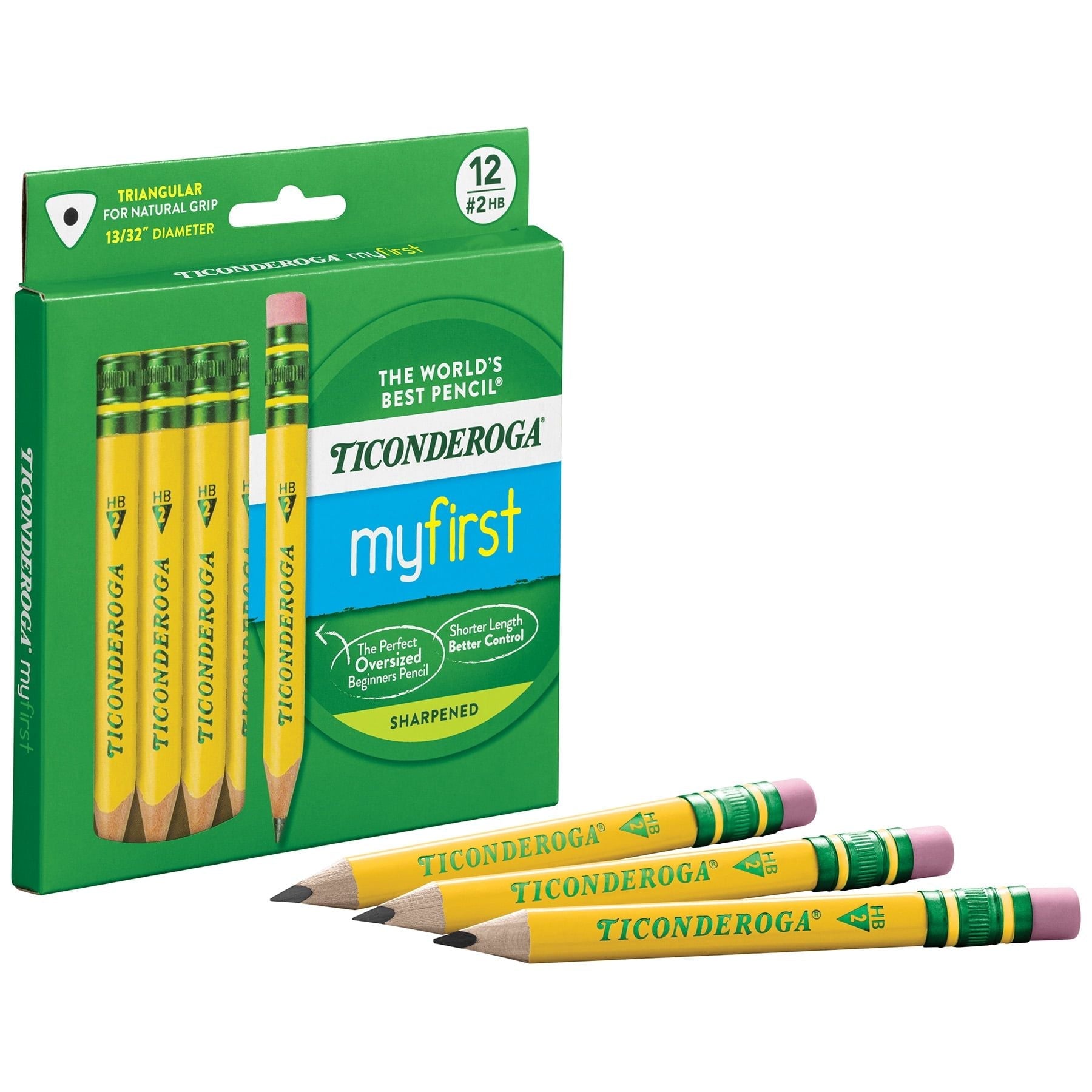 Ticonderoga My First Short Wooden Pencils, Large Triangle Barrel, Sharpened, #2 HB Soft, With Eraser, Yellow, 12 Per Pack, 2 Packs - SJB-DIAMOND ELITES