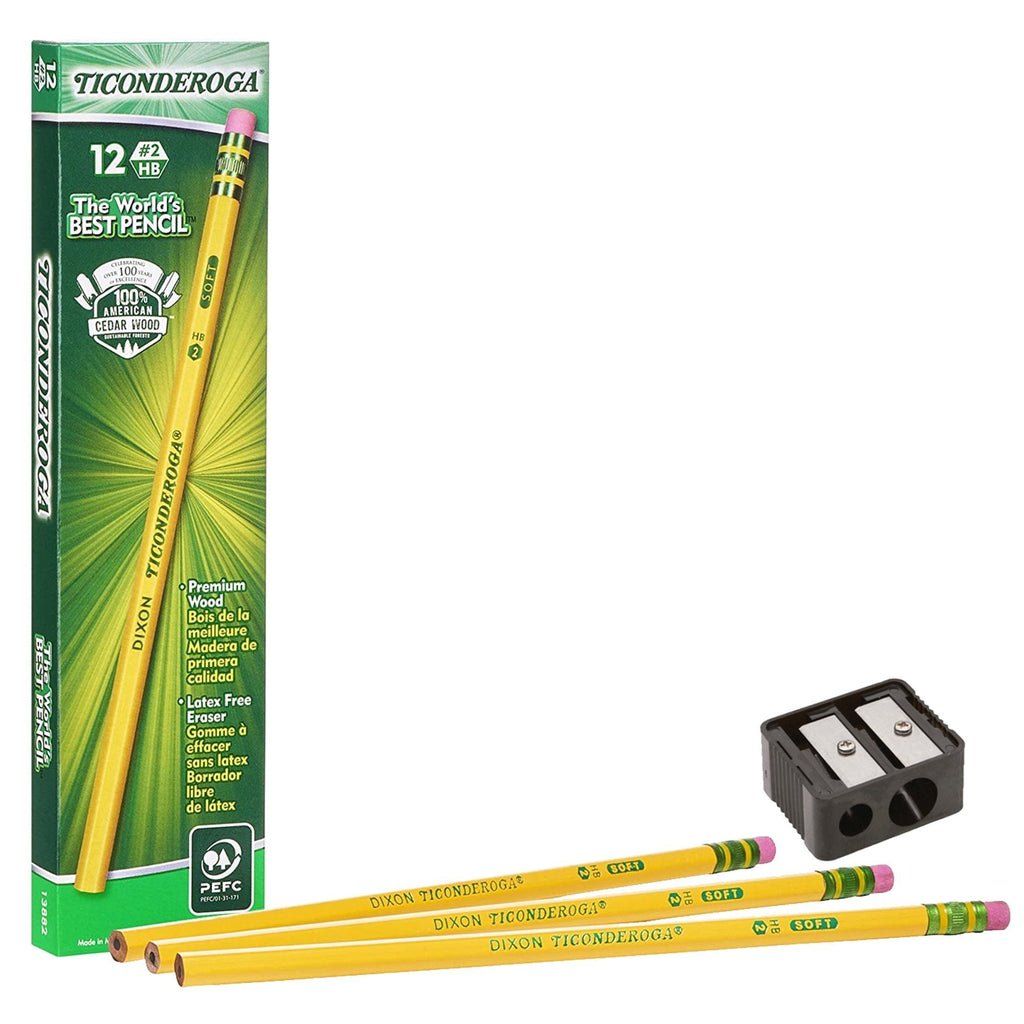 Ticonderoga Pencils #2 Soft Yellow Woodcase Graphite Pencil for School Supplies and Craft Supplies 12 Count (13882) Free Sharpener 1 Pack - SJB-DIAMOND ELITES