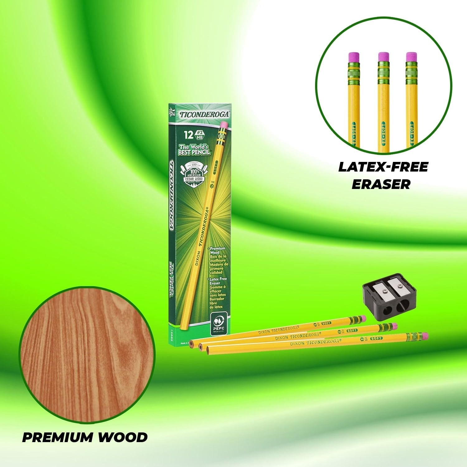 Ticonderoga Pencils #2 Soft Yellow Woodcase Graphite Pencil for School Supplies and Craft Supplies 12 Count (13882) Free Sharpener 1 Pack - SJB-DIAMOND ELITES