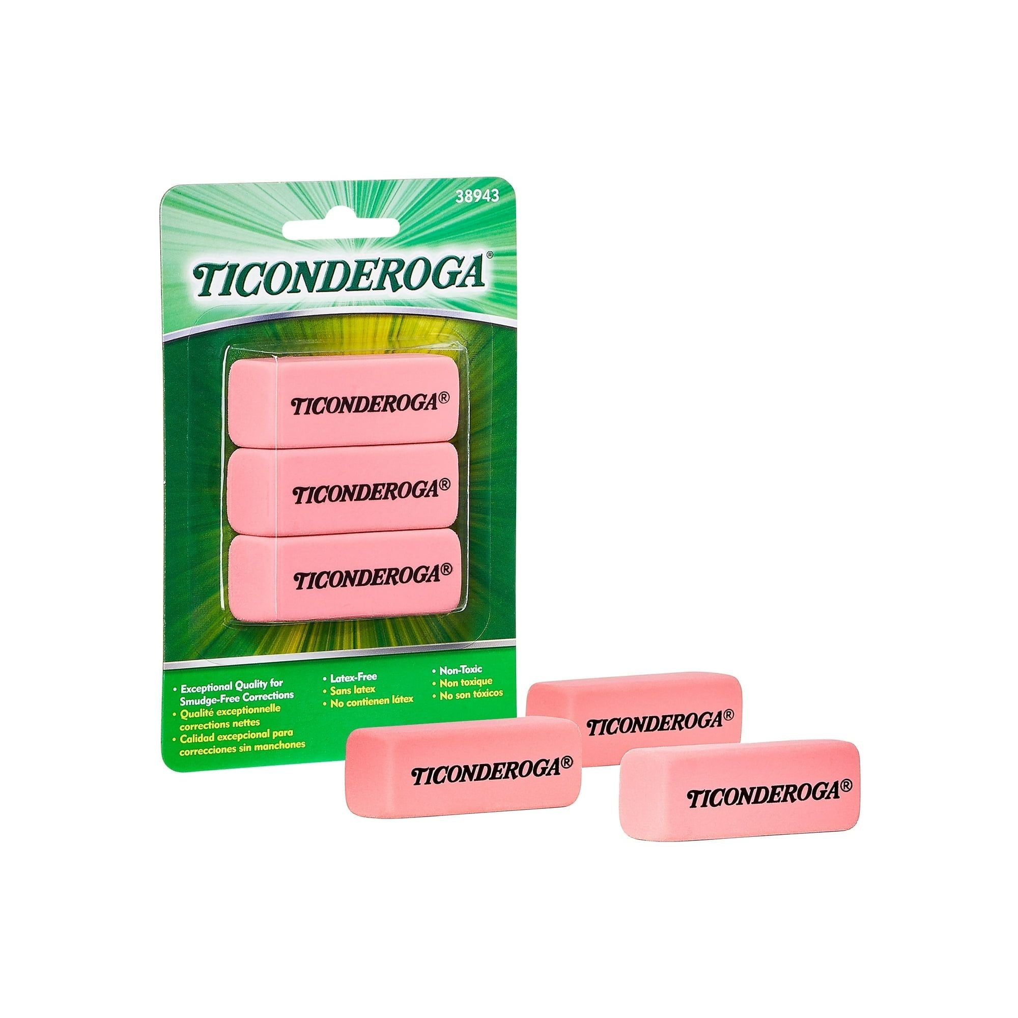 TICONDEROGA Pink Carnation Erasers, Wedge, Medium, Pink, 2-5/16 x 13/16 x 7/17 Inches, 3-Pack 38943 - SJB-DIAMOND ELITES
