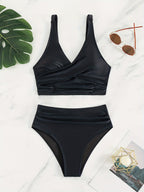 Bikini Solid Black Twist Front High Waist 2 Piece Swimsuit for Women – Stretchy V Neck Bikini Set with Ruched Tummy Control and Cross Strape Detail – Quick Drying Polyamide Swimwear for Beachwear Poolside and Summer Travel Stevvex