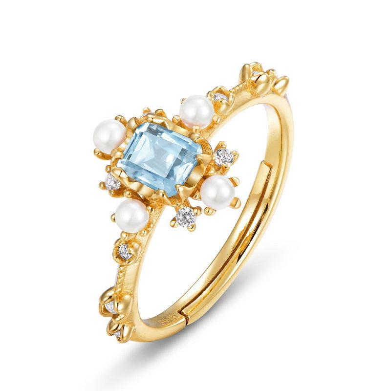 Japanese Light Luxury Natural Blue Topaz Geometric Ring