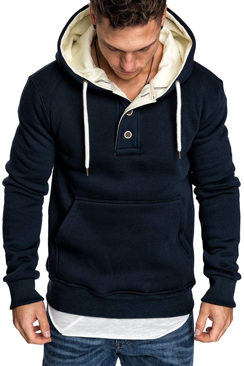 Button-Trim Hooded Fleece Sweatshirt - Cotton Blend Pullover with Pockets Pi-Mart