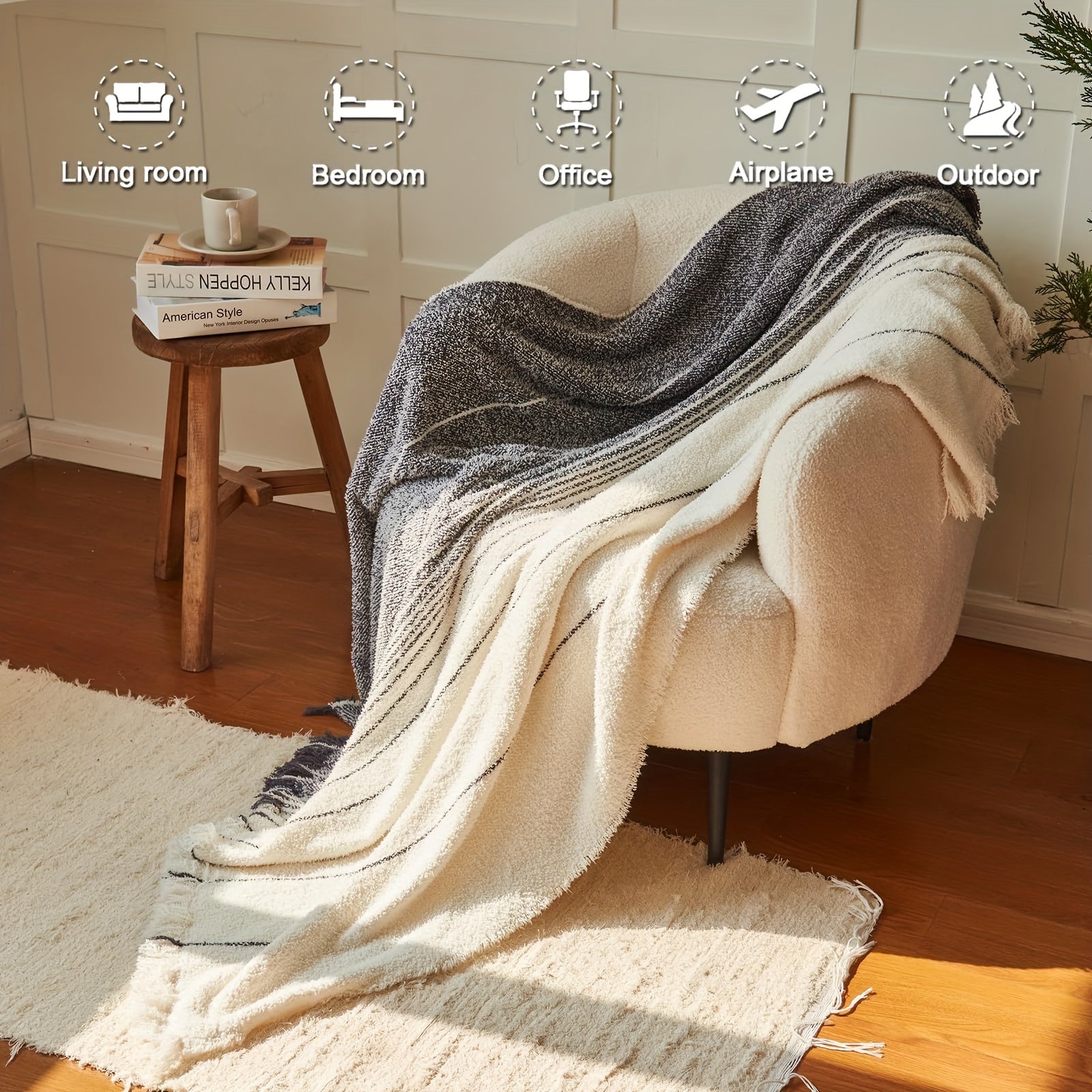 1pc Luxurious Black Bubble Textured Throw Blanket - Throws for Couch Cover Home Decor - Soft, Lightweight, Knitted, Tassel Trimmed, Perfect for Sofa, Bed, Office, Camping and Outdoor Use