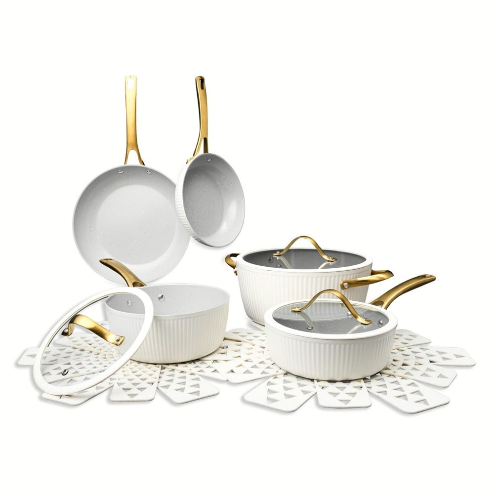 Thyme & Table 12-Piece Ceramic Non-Stick Ribbed Cookware Set, White & Gold EasyOptionXY LLC