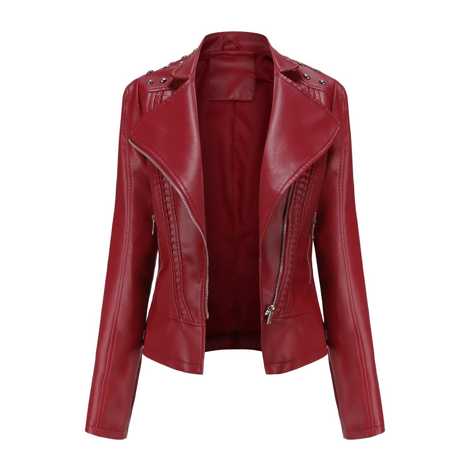 Beaded Leather Women's Long-sleeved Fashion Jacket Lapel Motorcycle Clothing Thin Women's Jacket Pi-Mart