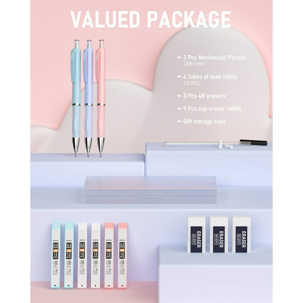 Nicpro 3 Pcs 0.5mm Pastel Mechanical Pencils, with 6 tubes HB Lead Refills, Erasers, Eraser Refills - Come with Case EasyOptionXY LLC