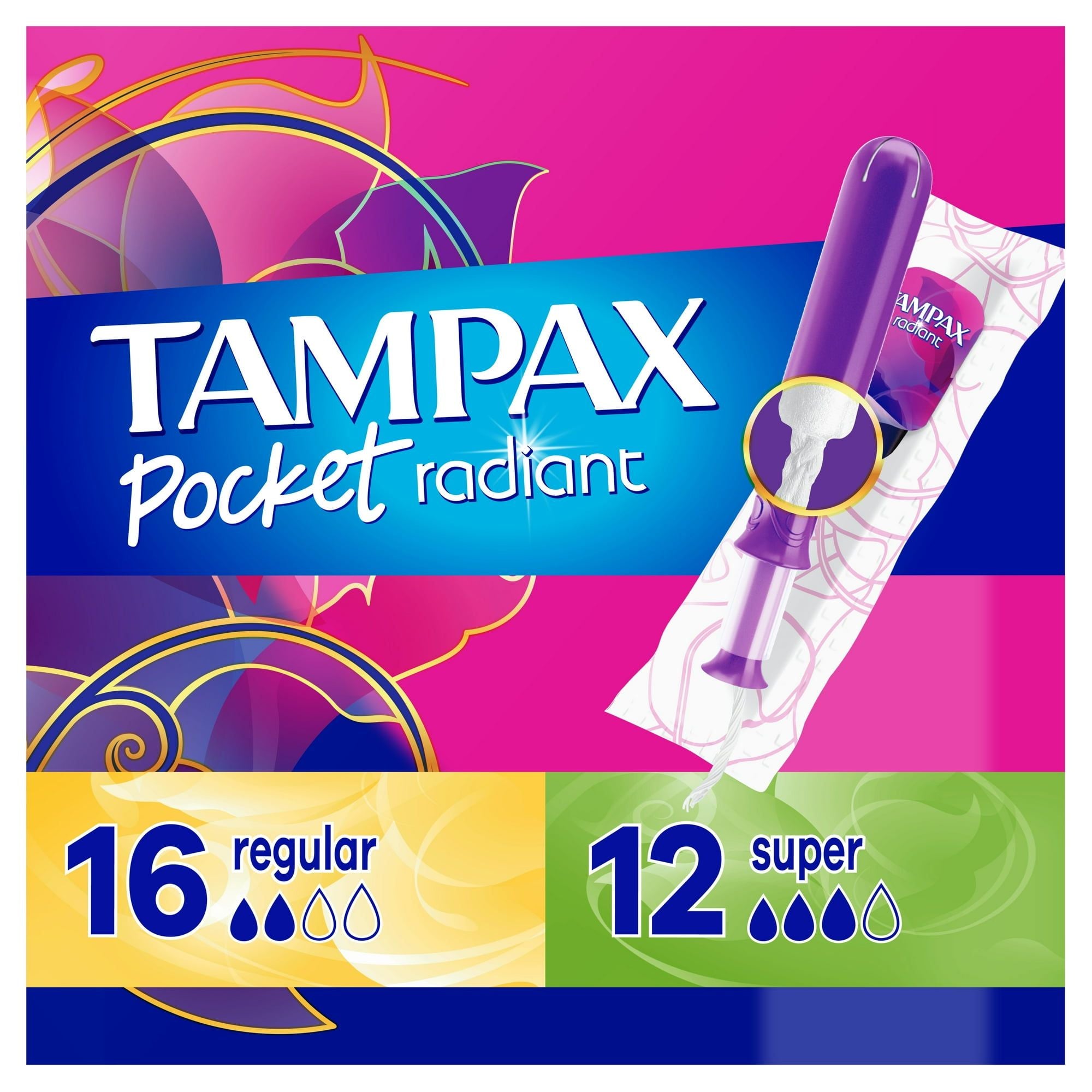 Tampax Pocket Radiant Tampons with LeakGuard Braid, Duo Pack Regular/Super Absorbency, 28 Ct EasyOptionXY LLC