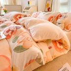 Nordic Striped Coral Fleece Duvet Cover Flannel Sheet Cover Three-piece Set Pi-Mart