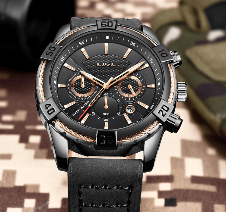 Men's Waterproof Watch With Chronometers Date Display Gold Detail Excellent Background Perfect Gift Stevvex