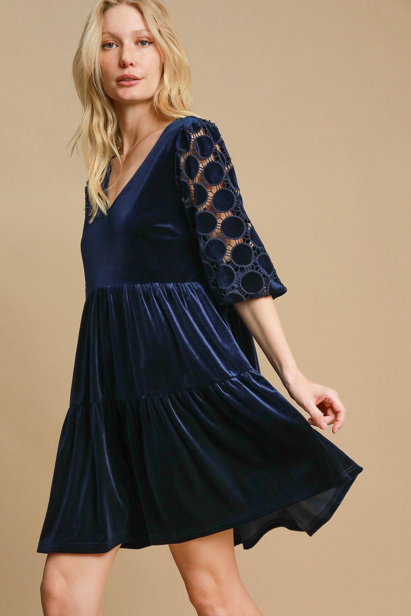 Dotted Lace Sleeve Tiered Velvet Mini Dress For Women – Vintage Velvet Dress, Lace Sleeve Mini Dress, Tiered Velvet Dress, Elegant Party Dress Stevvex