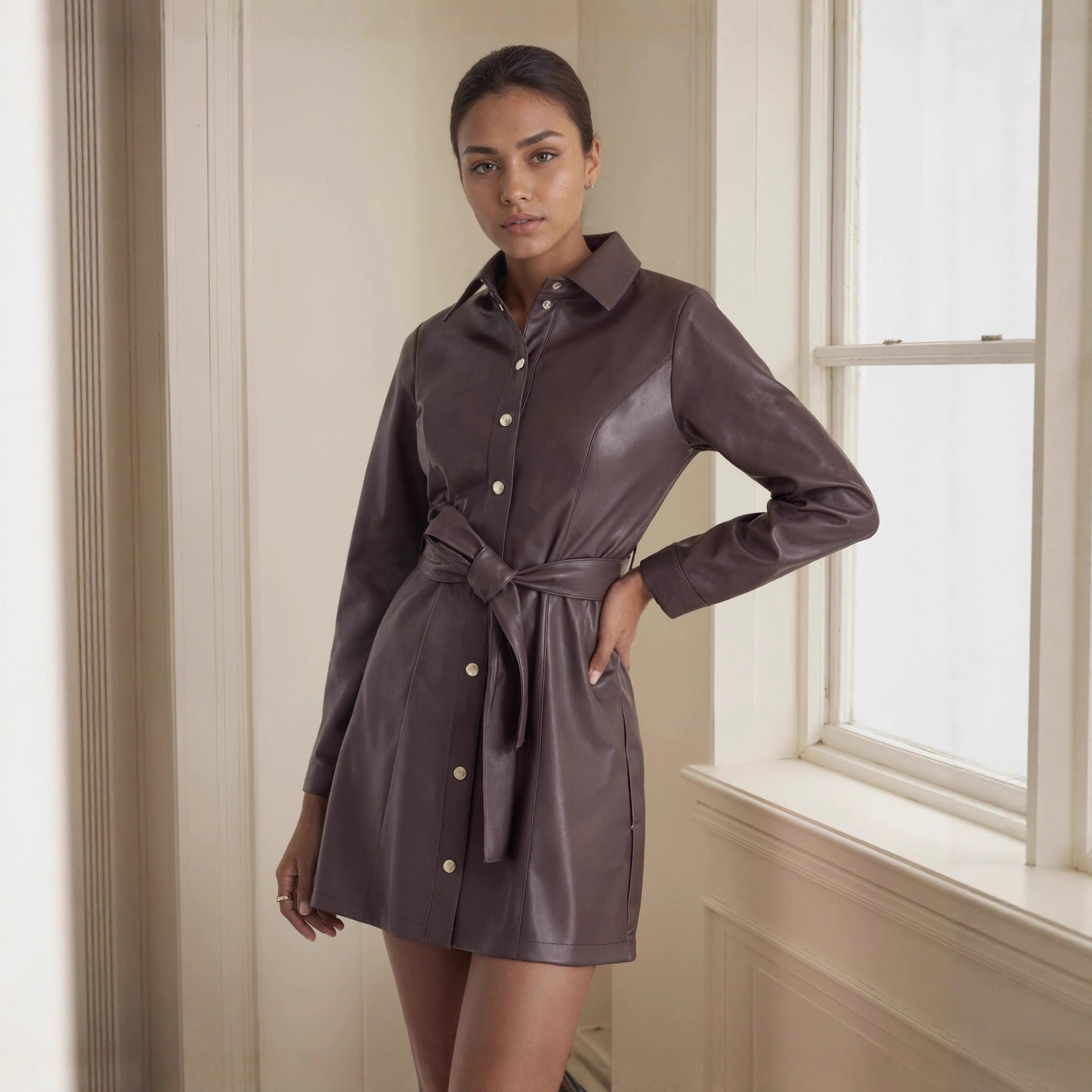 Belted Long-sleeve Leather Trench Fashionable Women's Coat Pi-Mart