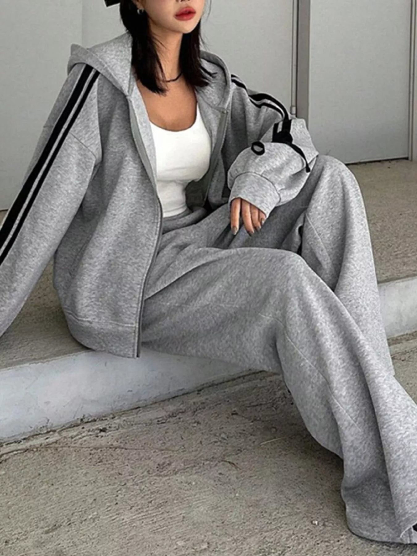 Side Striped Zip Up Hoodie and Pants Set THRIXINE