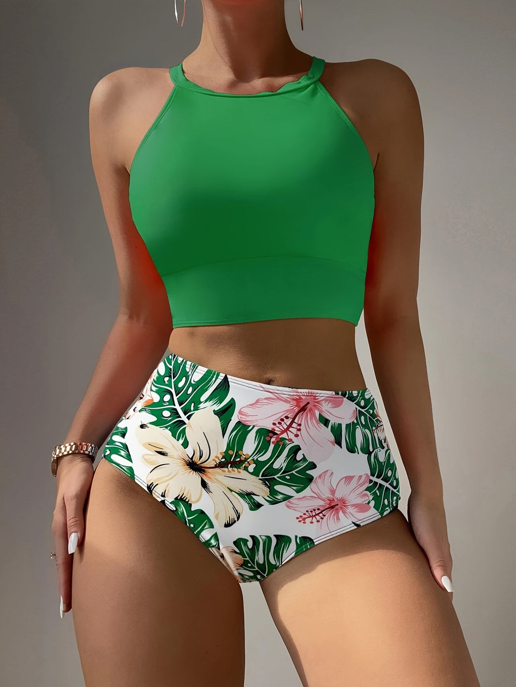 Island Bloom High Waist Bikini Set for Summer – Colorblock Tropical Print Two-Piece Swimsuit with Round Neckline Ultra-Stretch Fit & Applique Detail – Stylish and Comfortable Women’s Swimwear for Pool Beach & Summer Escapes Stevvex