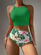 Island Bloom High Waist Bikini Set for Summer – Colorblock Tropical Print Two-Piece Swimsuit with Round Neckline Ultra-Stretch Fit & Applique Detail – Stylish and Comfortable Women’s Swimwear for Pool Beach & Summer Escapes Stevvex