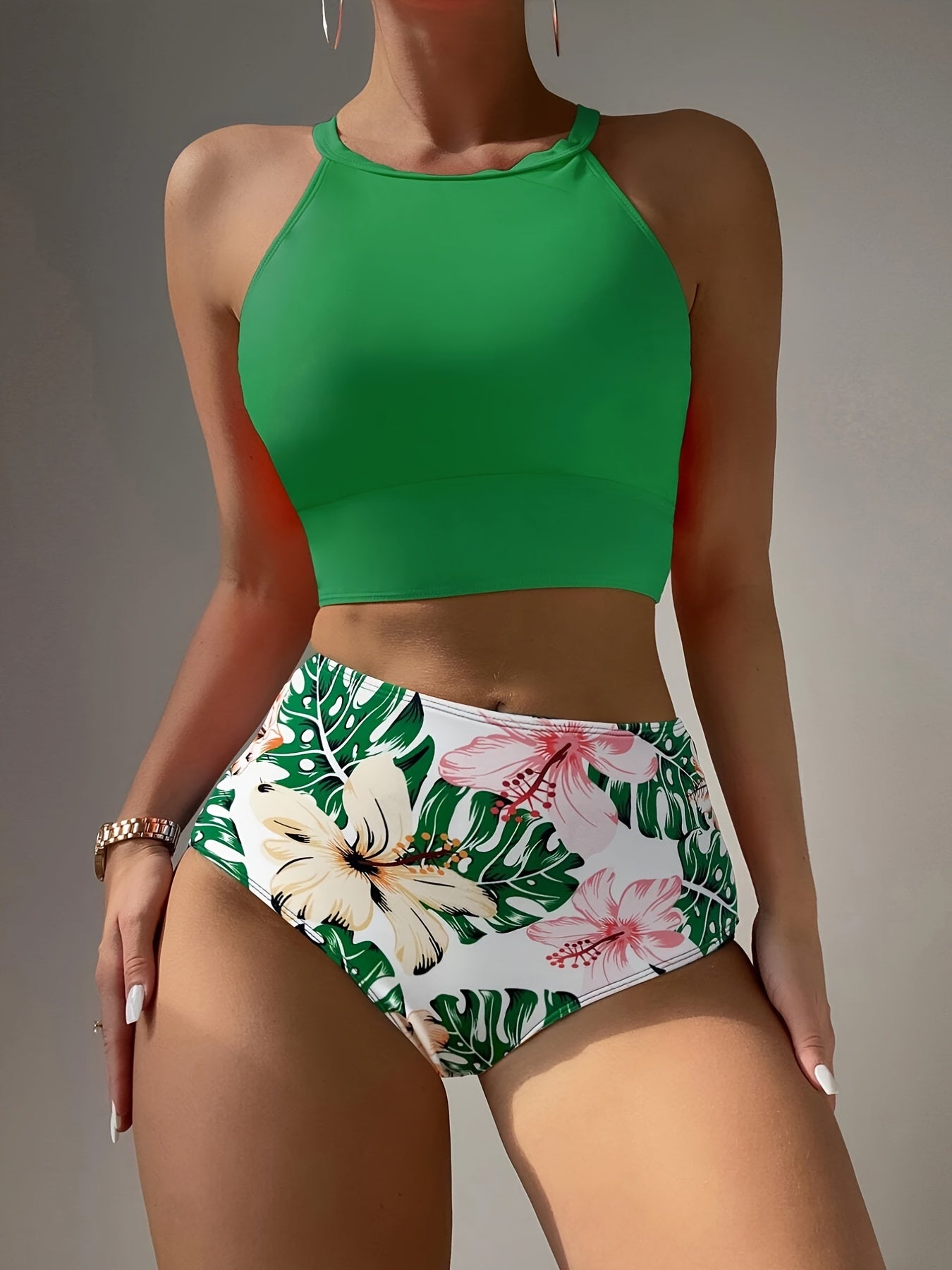 Island Bloom High Waist Bikini Set for Summer – Colorblock Tropical Print Two-Piece Swimsuit with Round Neckline Ultra-Stretch Fit & Applique Detail – Stylish and Comfortable Women’s Swimwear for Pool Beach & Summer Escapes Stevvex
