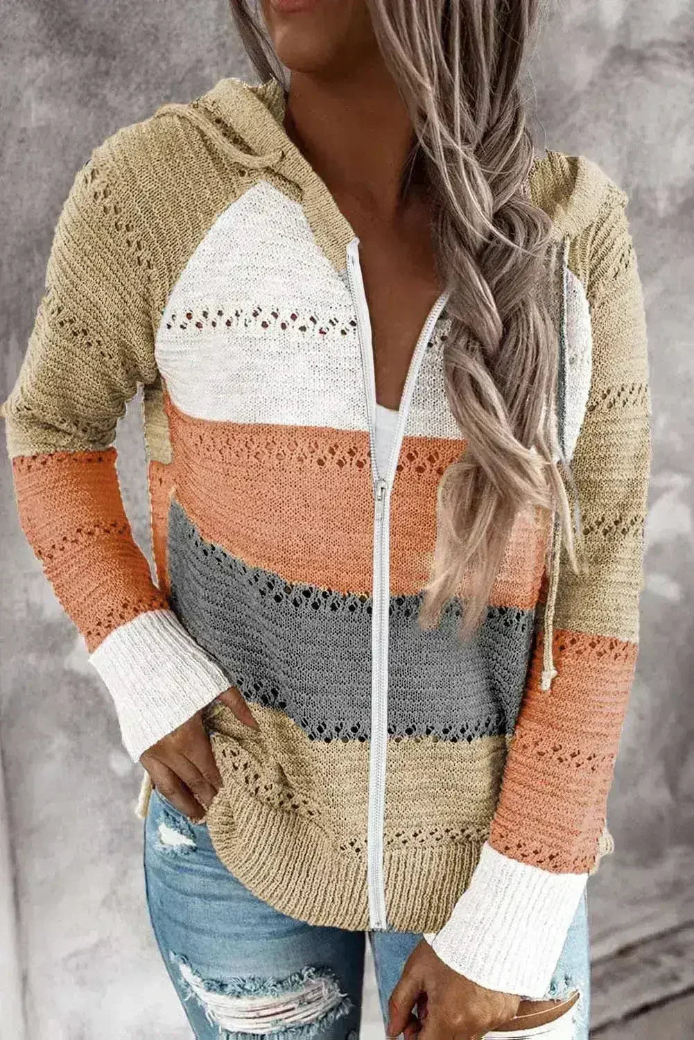 Womens Multicolor Zipped Front Colorblock Hollow-out Knit Hoodie - SJB-DIAMOND ELITES